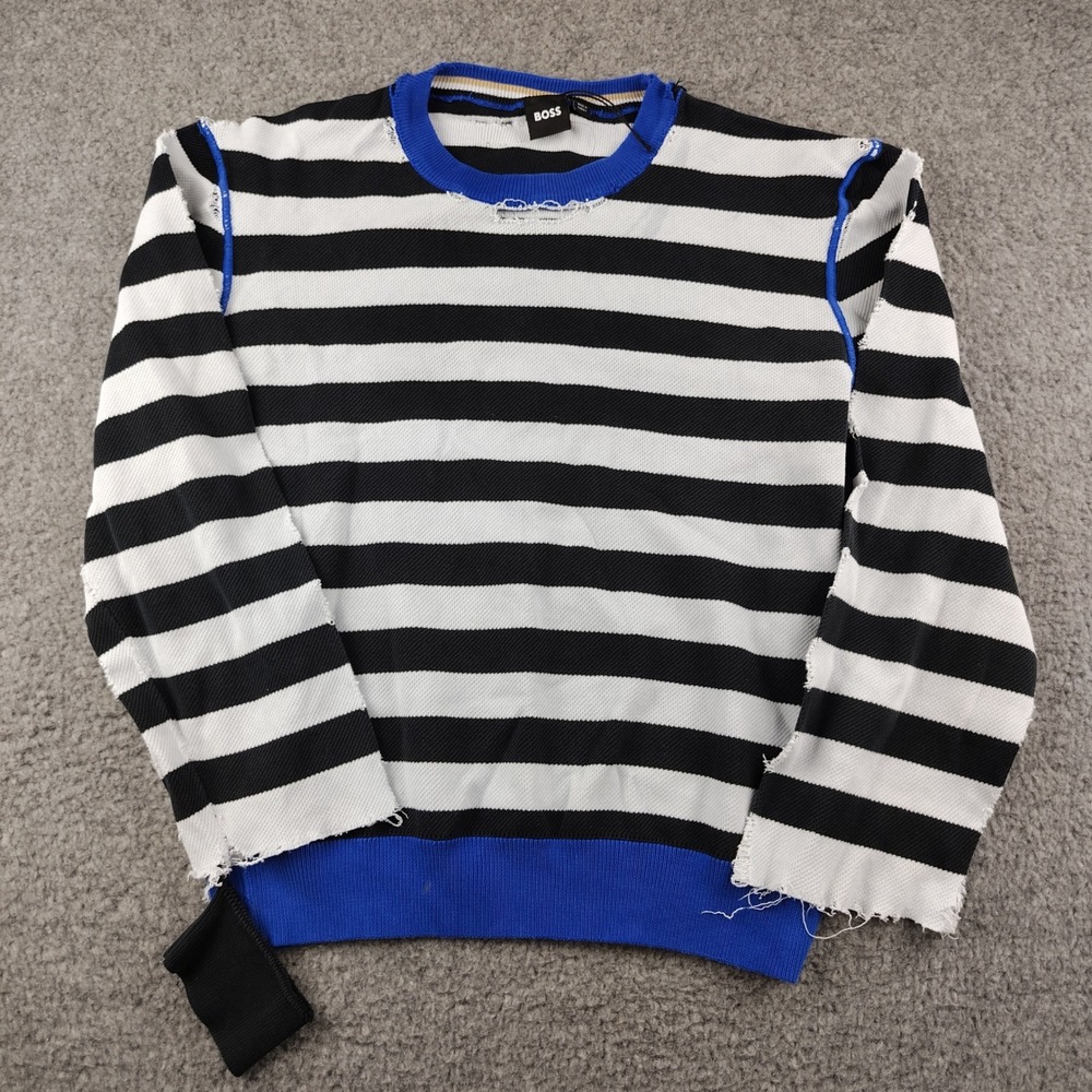 BOSS Sweater Mens Small Striped Preppy 90s Style Black White Blue Thrashed